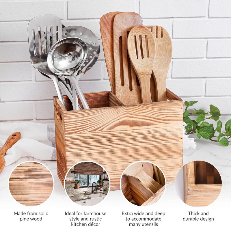 CB Accessories Wood Utensil Holder for Kitchen Counter - 2 Compartment Large Utensil Crock Organizer for Countertop - Tool Holder for Spatula - Farmhouse Decor - Image 2